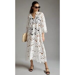 Anthropologie Floral Eyelet Kaftan‎ One Size Ivory Pullover Coverup Dress